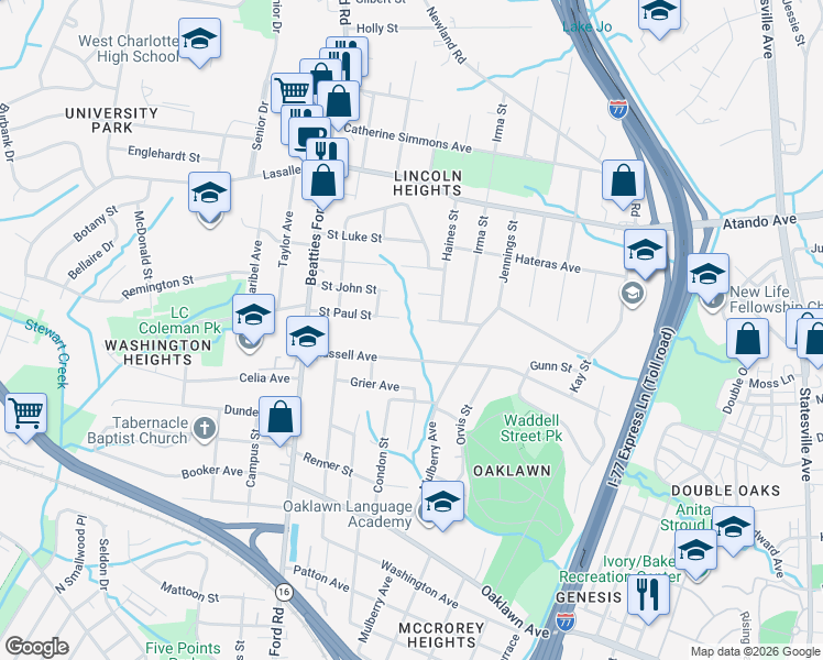 map of restaurants, bars, coffee shops, grocery stores, and more near 1921 Saint Paul Street in Charlotte