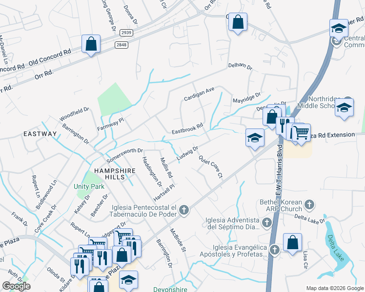 map of restaurants, bars, coffee shops, grocery stores, and more near 5809 Aqua Court in Charlotte