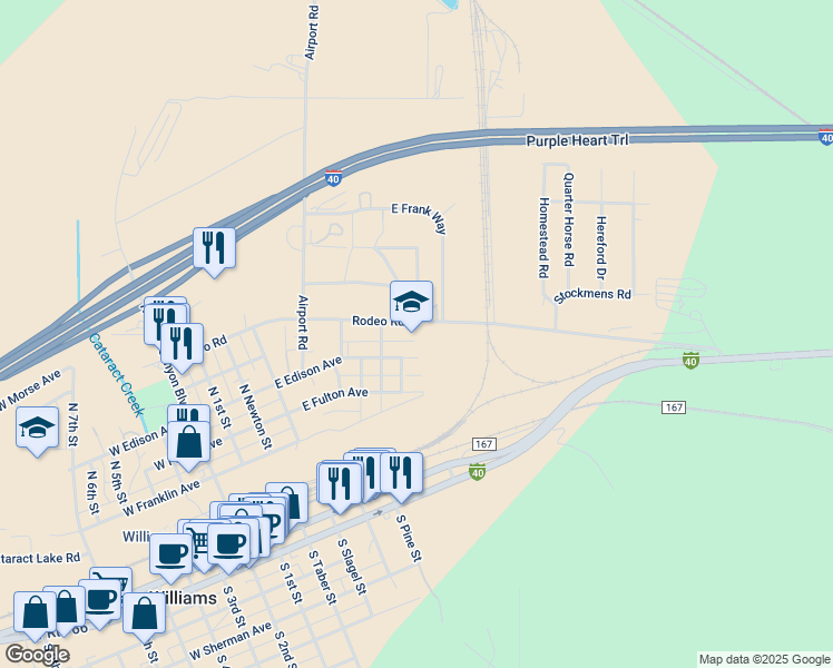 map of restaurants, bars, coffee shops, grocery stores, and more near 790 Rodeo Road in Williams