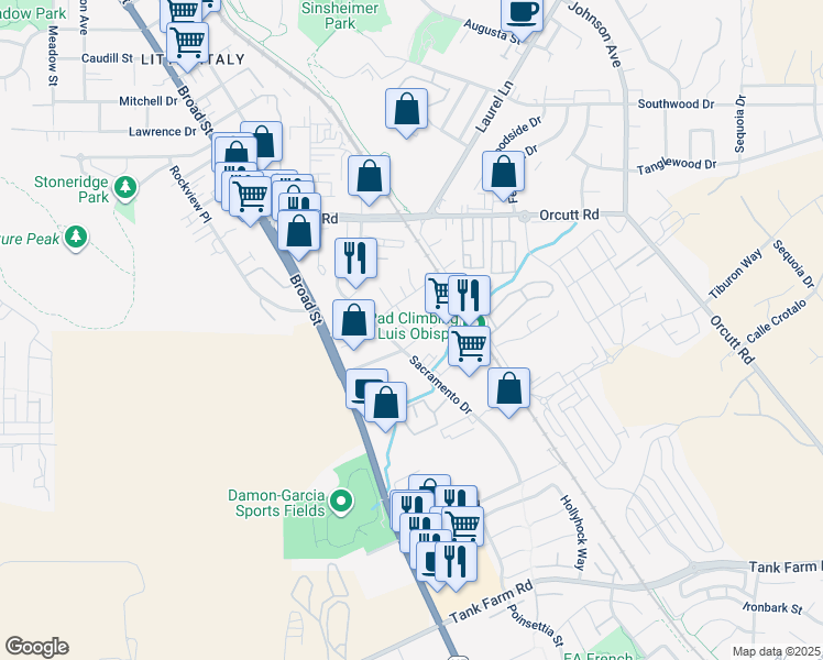 map of restaurants, bars, coffee shops, grocery stores, and more near 825 Capitolio Way in San Luis Obispo