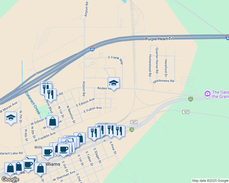 map of restaurants, bars, coffee shops, grocery stores, and more near 790 Rodeo Road in Williams