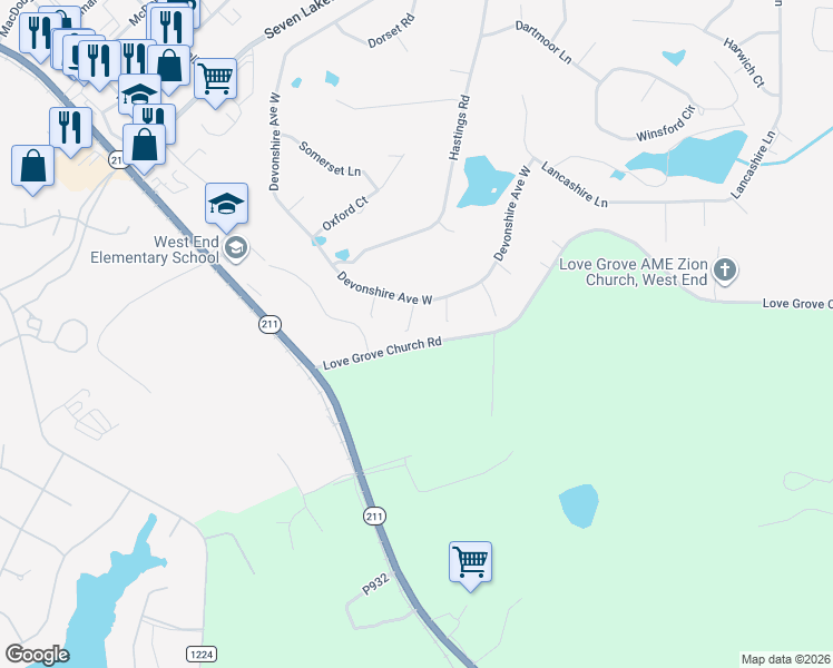 map of restaurants, bars, coffee shops, grocery stores, and more near 103 Shropshire Court in Seven Lakes