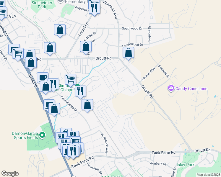 map of restaurants, bars, coffee shops, grocery stores, and more near 3584 Bullock Ln in San Luis Obispo