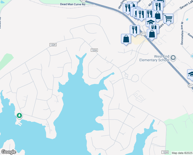 map of restaurants, bars, coffee shops, grocery stores, and more near 124 Owens Circle in Seven Lakes