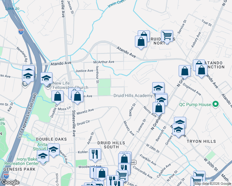 map of restaurants, bars, coffee shops, grocery stores, and more near 1332 Norris Avenue in Charlotte
