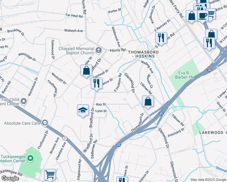 map of restaurants, bars, coffee shops, grocery stores, and more near 913 Rowan Street in Charlotte