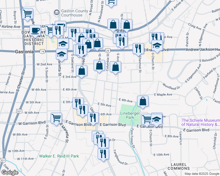map of restaurants, bars, coffee shops, grocery stores, and more near 510 Maple Avenue in Gastonia
