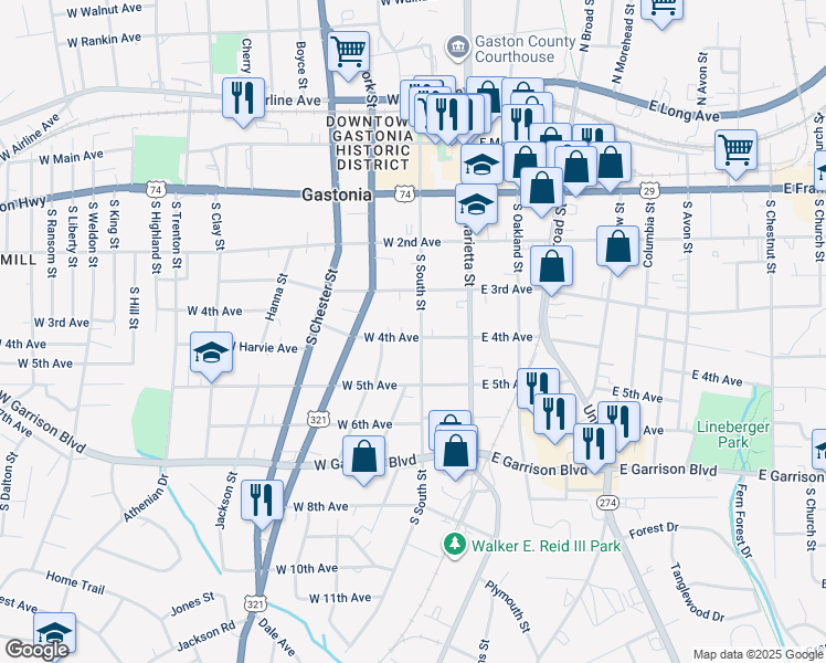 map of restaurants, bars, coffee shops, grocery stores, and more near 205 West 4th Avenue in Gastonia