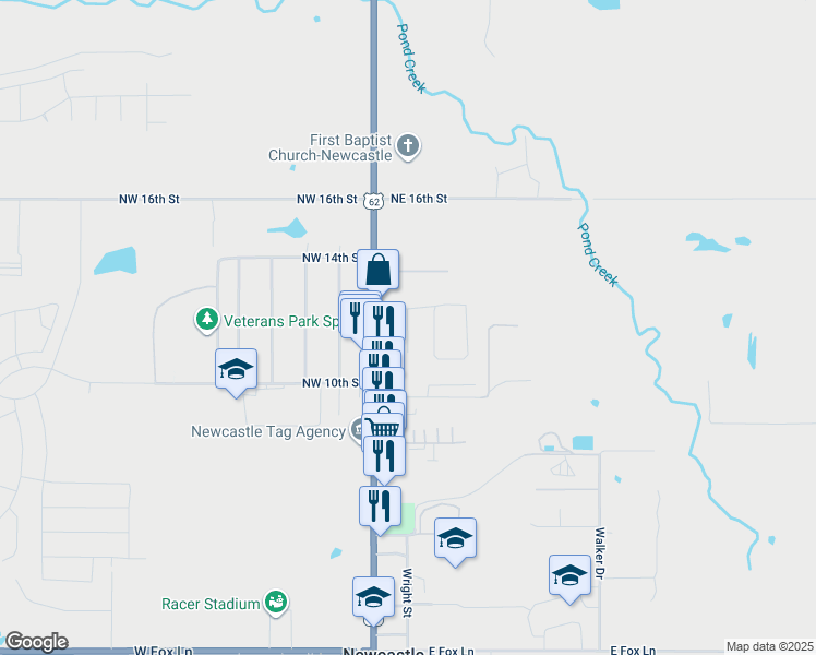 map of restaurants, bars, coffee shops, grocery stores, and more near 1095 Linda Lane in Newcastle