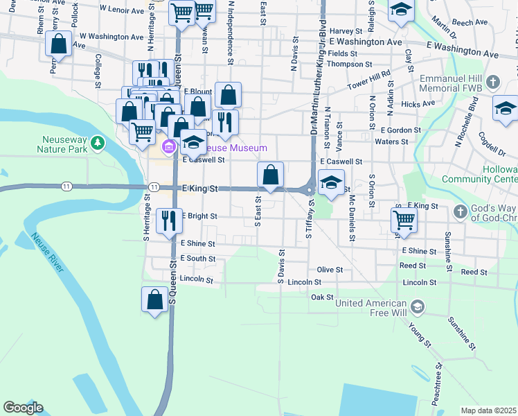 map of restaurants, bars, coffee shops, grocery stores, and more near 406 East Bright Street in Kinston
