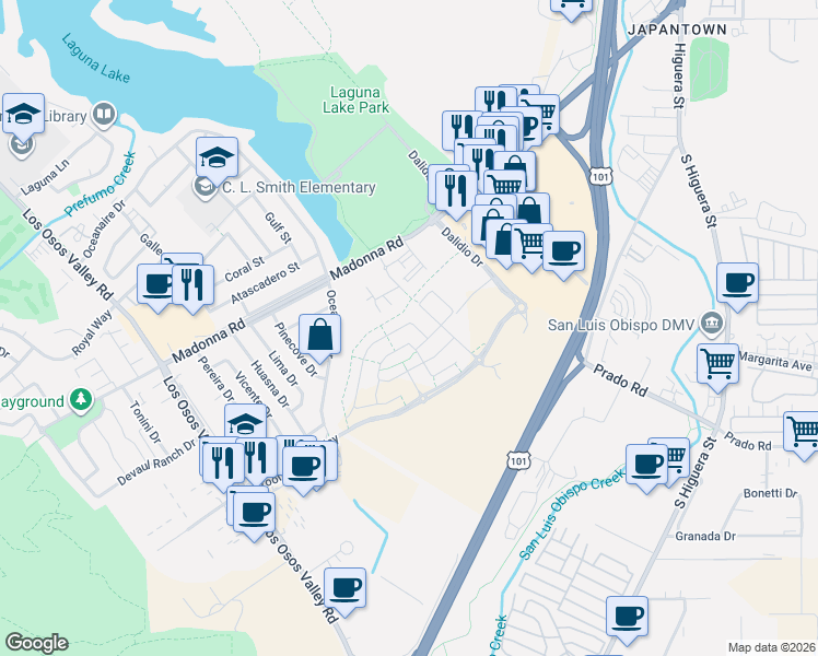 map of restaurants, bars, coffee shops, grocery stores, and more near 1035 Madonna Road in San Luis Obispo