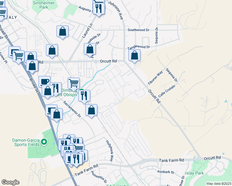 map of restaurants, bars, coffee shops, grocery stores, and more near 3802 Ranch House Rd. in San Luis Obispo