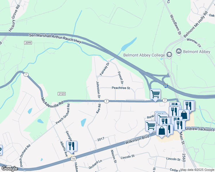 map of restaurants, bars, coffee shops, grocery stores, and more near 208 Peachtree Street in Belmont