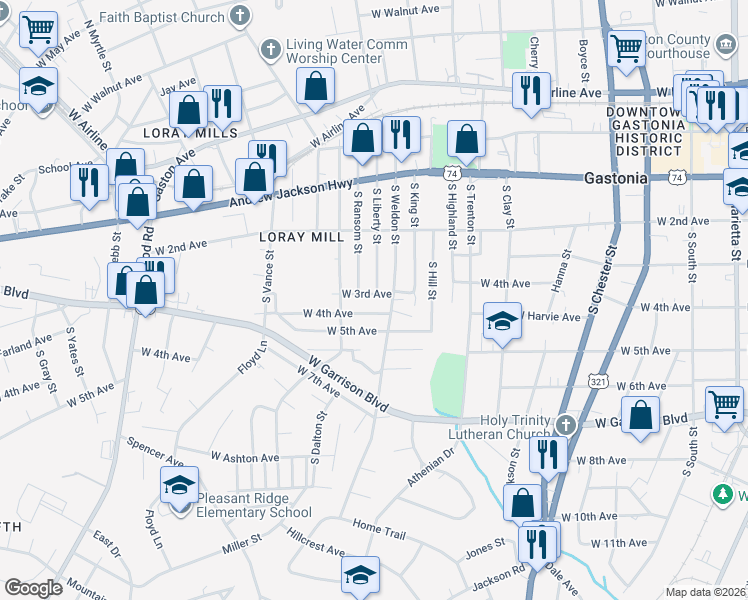 map of restaurants, bars, coffee shops, grocery stores, and more near 1016 West 4th Avenue in Gastonia