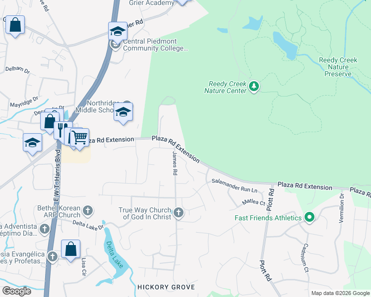 map of restaurants, bars, coffee shops, grocery stores, and more near 7900 The Plaza in Charlotte