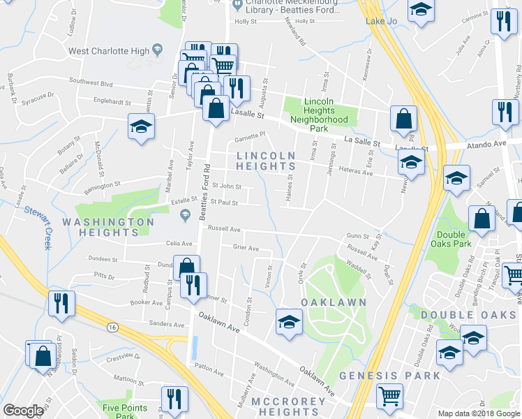map of restaurants, bars, coffee shops, grocery stores, and more near 1921 Saint Paul Street in Charlotte