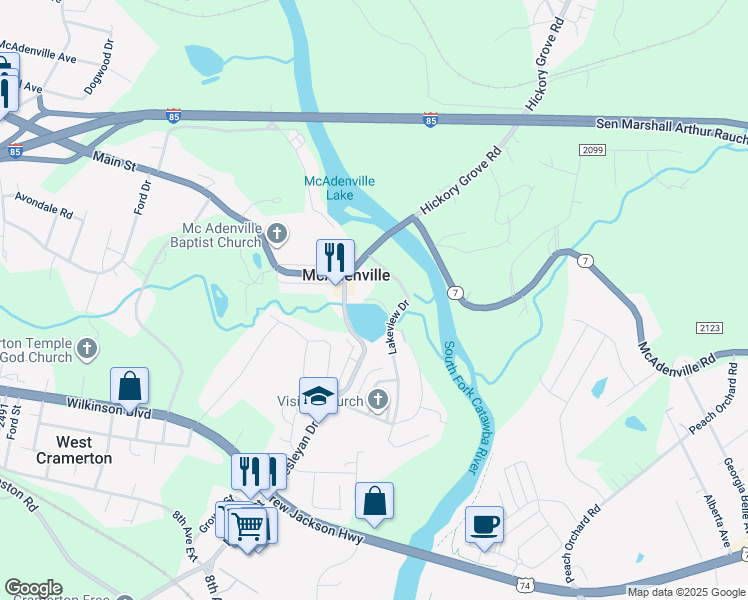 map of restaurants, bars, coffee shops, grocery stores, and more near 100 Main Street in McAdenville
