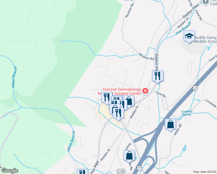 map of restaurants, bars, coffee shops, grocery stores, and more near 10204 Nissi Way in Soddy-Daisy
