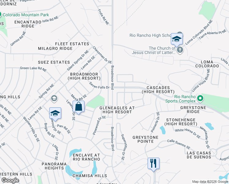 map of restaurants, bars, coffee shops, grocery stores, and more near 3145 Ashkirk Loop Southeast in Rio Rancho