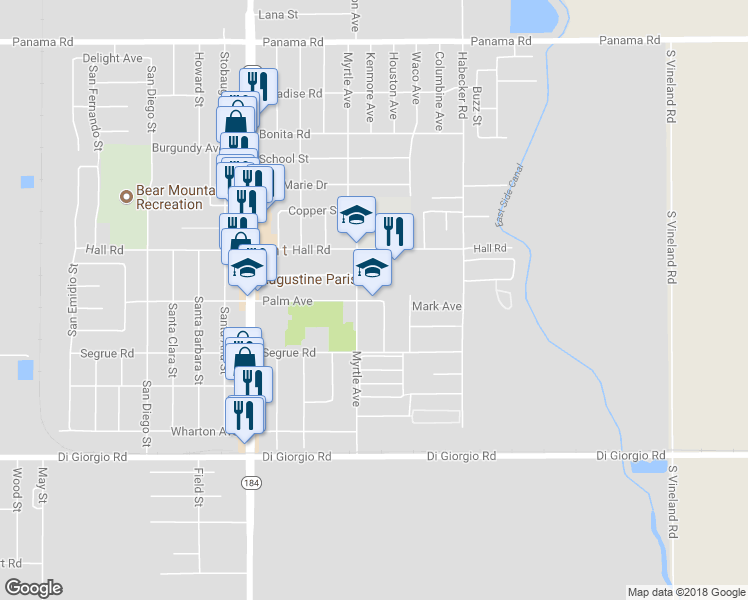 map of restaurants, bars, coffee shops, grocery stores, and more near 8600 Palm Avenue in Lamont