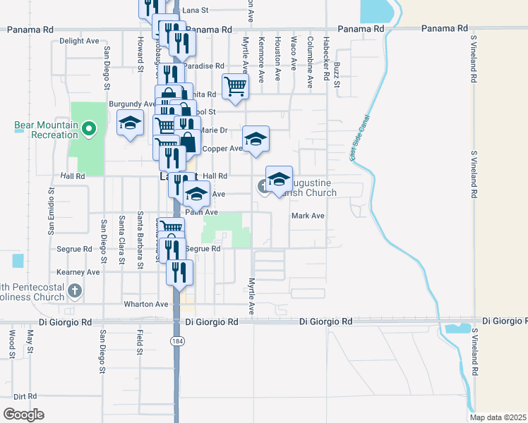 map of restaurants, bars, coffee shops, grocery stores, and more near 8600 Palm Avenue in Lamont