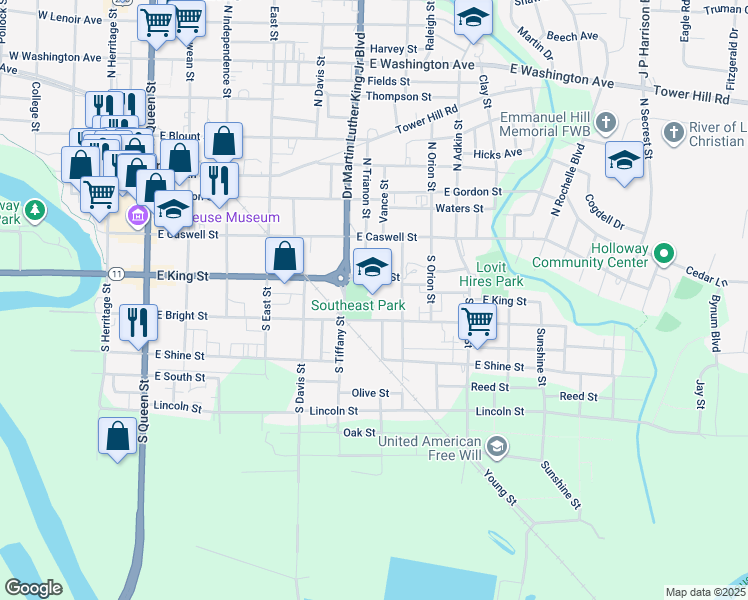 map of restaurants, bars, coffee shops, grocery stores, and more near 201 Mc Daniels Street in Kinston