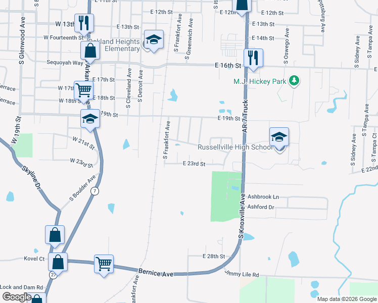 map of restaurants, bars, coffee shops, grocery stores, and more near 2205 South Hartford Cove in Russellville