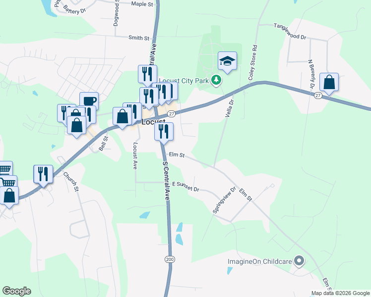 map of restaurants, bars, coffee shops, grocery stores, and more near 202 Elm Street in Locust