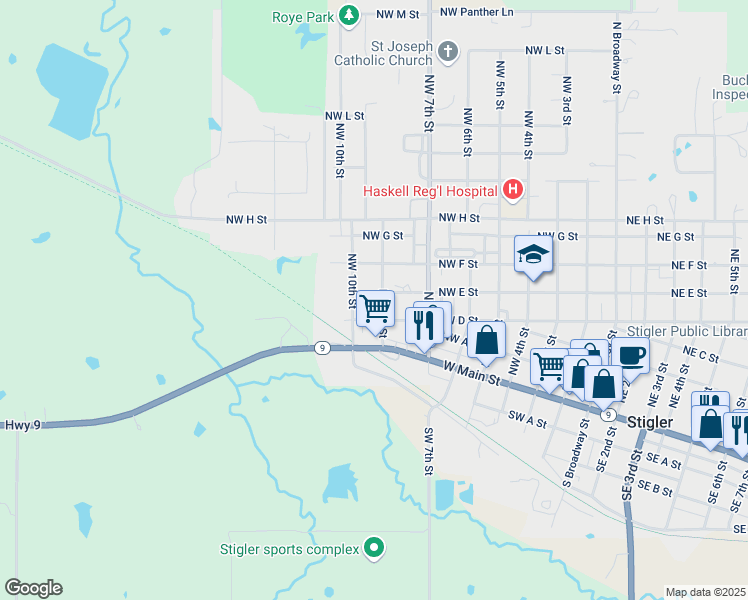 map of restaurants, bars, coffee shops, grocery stores, and more near 709 Northwest D Street in Stigler