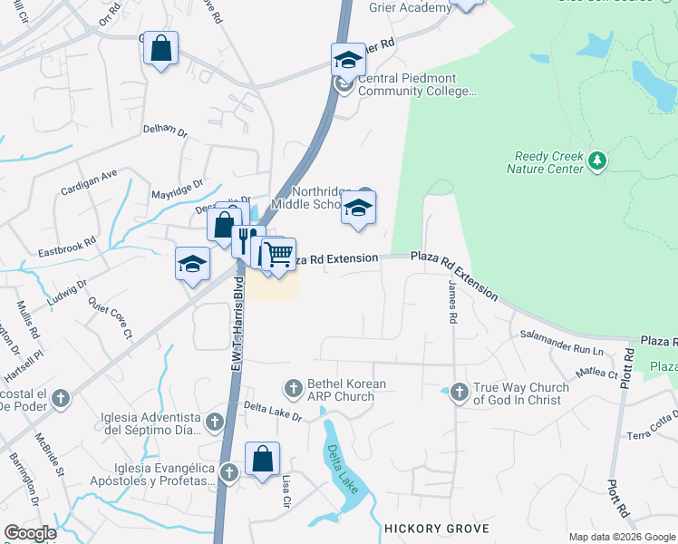 map of restaurants, bars, coffee shops, grocery stores, and more near 7516 The Plaza in Charlotte