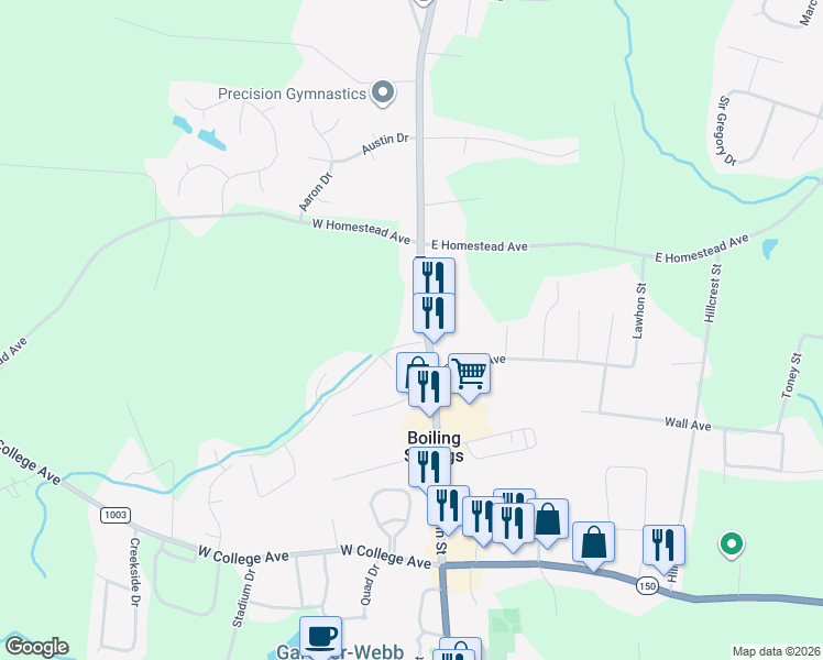 map of restaurants, bars, coffee shops, grocery stores, and more near 307 State Road 1161 in Shelby