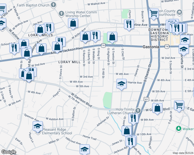 map of restaurants, bars, coffee shops, grocery stores, and more near 426 South Weldon Street in Gastonia