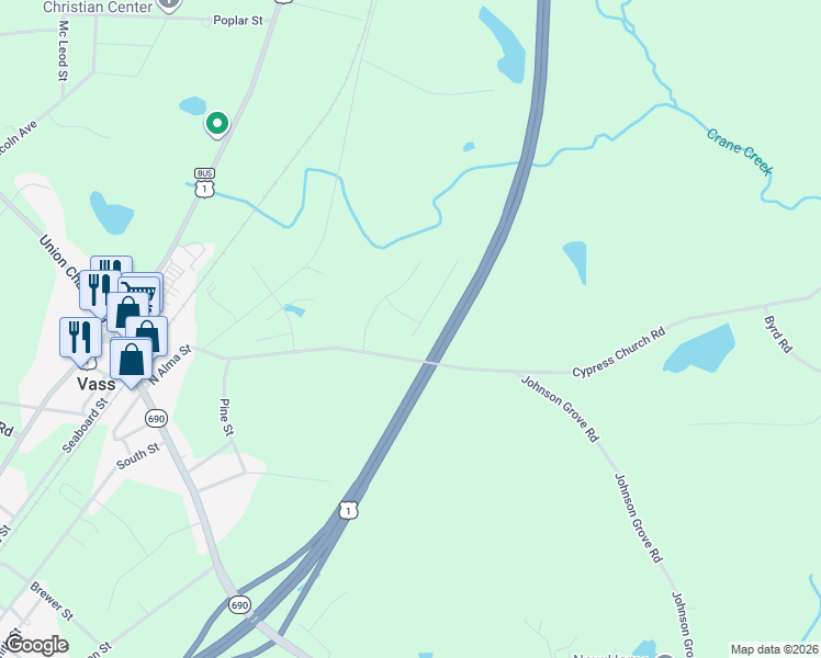 map of restaurants, bars, coffee shops, grocery stores, and more near 361 North Alma Street in Vass