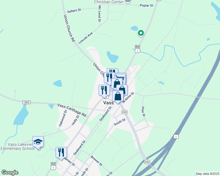 map of restaurants, bars, coffee shops, grocery stores, and more near 3400 U.S. 1 in Southern Pines