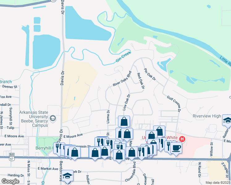 map of restaurants, bars, coffee shops, grocery stores, and more near 101 River Oaks Court in Searcy