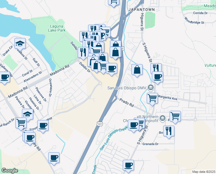 map of restaurants, bars, coffee shops, grocery stores, and more near 2040 Prado Road in San Luis Obispo