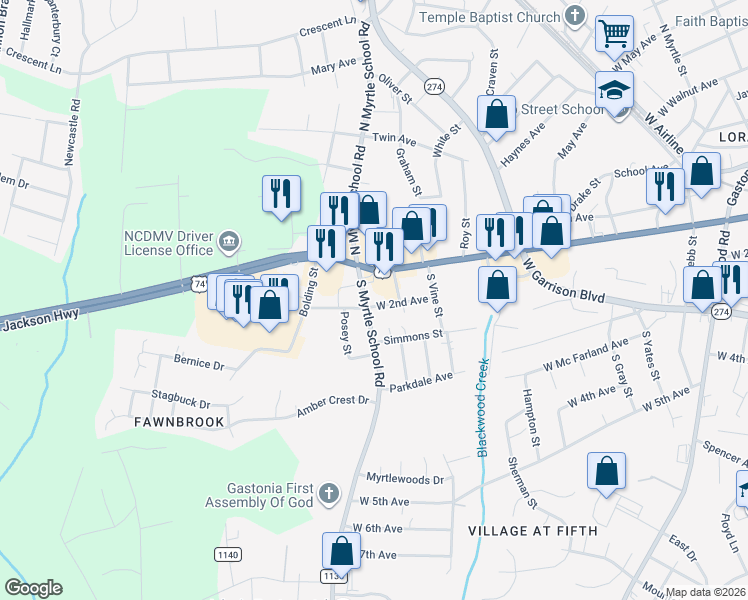 map of restaurants, bars, coffee shops, grocery stores, and more near 302 South Myrtle School Road in Gastonia