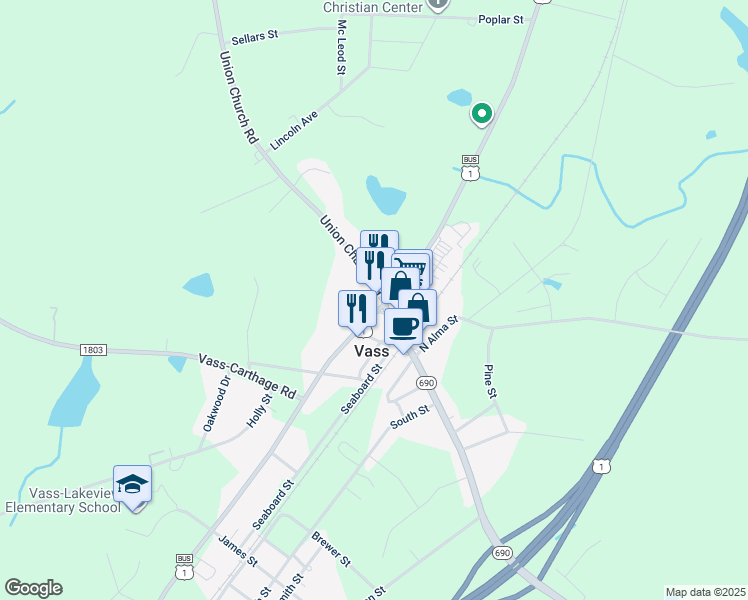 map of restaurants, bars, coffee shops, grocery stores, and more near 3400 U.S. 1 in Southern Pines