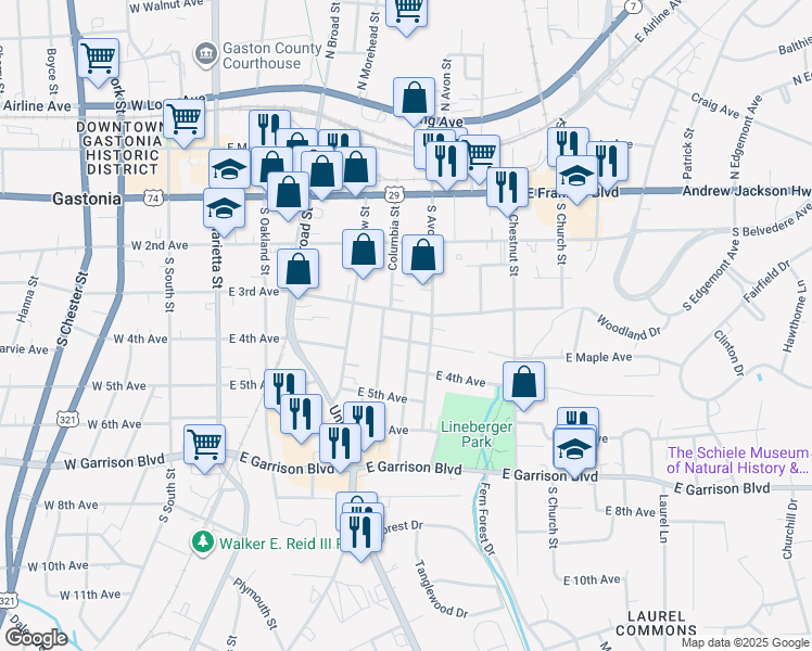 map of restaurants, bars, coffee shops, grocery stores, and more near 418 South Oak Street in Gastonia