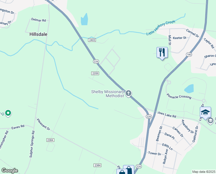 map of restaurants, bars, coffee shops, grocery stores, and more near 1326 Earl Road in Shelby