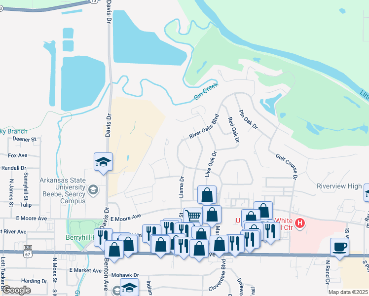 map of restaurants, bars, coffee shops, grocery stores, and more near 101 River Oaks Court in Searcy