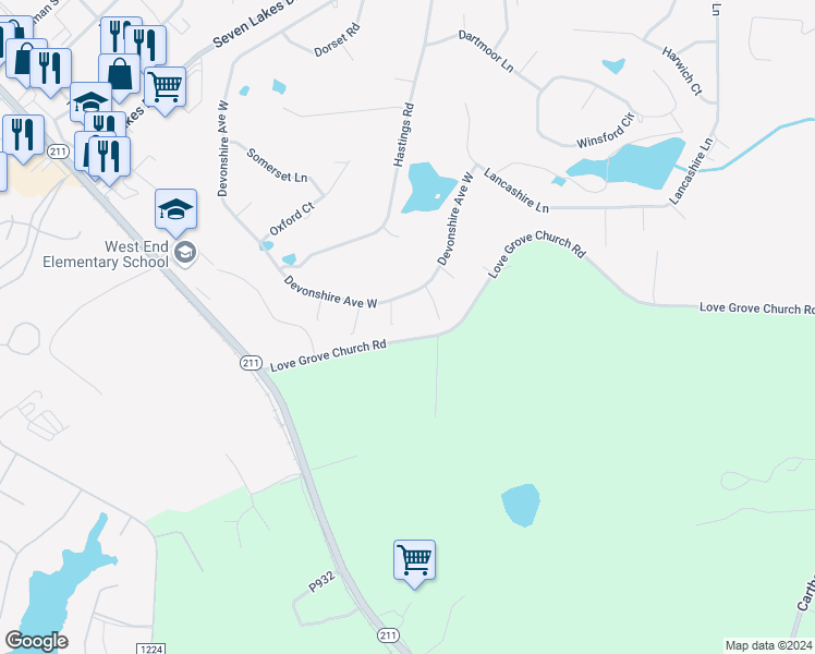 map of restaurants, bars, coffee shops, grocery stores, and more near 103 Roxburgh Court in Seven Lakes