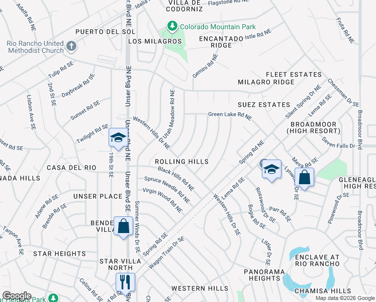 map of restaurants, bars, coffee shops, grocery stores, and more near 88 Idaho Creek Road Northeast in Rio Rancho