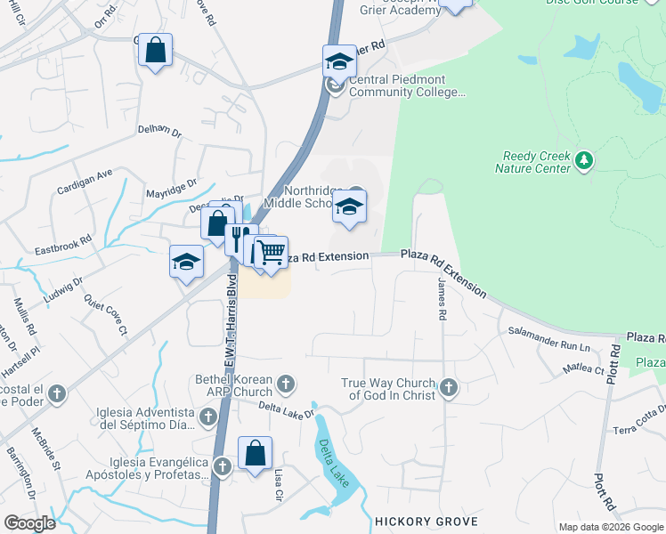 map of restaurants, bars, coffee shops, grocery stores, and more near 7516 The Plaza in Charlotte