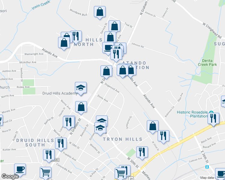 map of restaurants, bars, coffee shops, grocery stores, and more near 2914 Bancroft Street in Charlotte