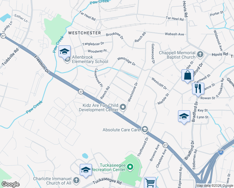 map of restaurants, bars, coffee shops, grocery stores, and more near 1608 Gambia Street in Charlotte