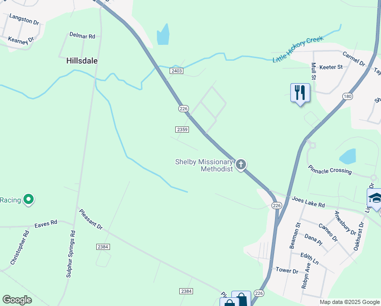 map of restaurants, bars, coffee shops, grocery stores, and more near 1326 Earl Road in Shelby