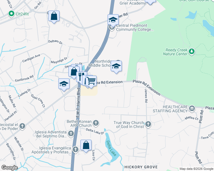 map of restaurants, bars, coffee shops, grocery stores, and more near 7516 The Plaza in Charlotte