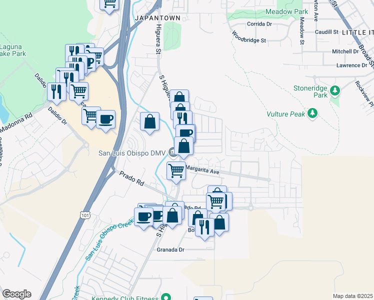 map of restaurants, bars, coffee shops, grocery stores, and more near 3121 South Higuera Street in San Luis Obispo
