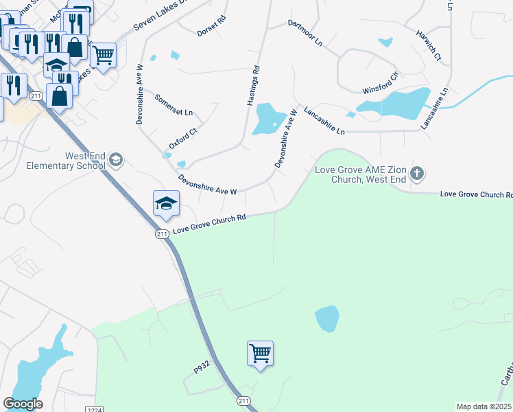 map of restaurants, bars, coffee shops, grocery stores, and more near 103 Roxburgh Court in Seven Lakes